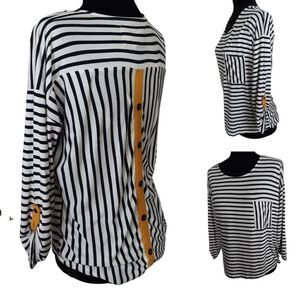 ANTHROPOLOGIE Flower & Feather Navy Striped Top Yellow Accents‎ sz M